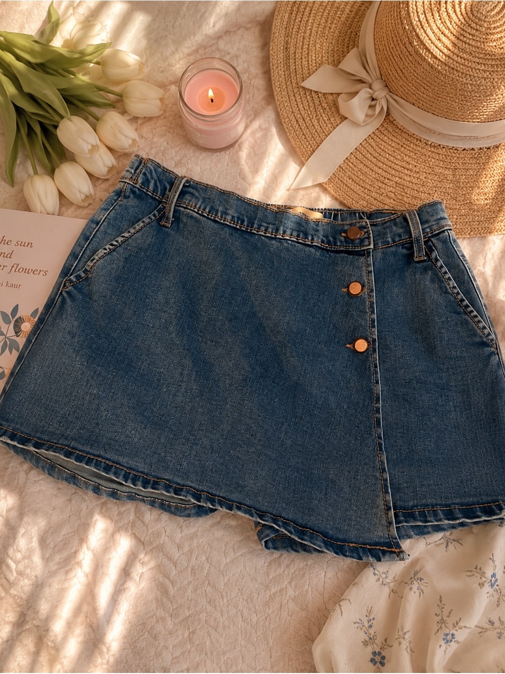 Love Trends Denim Wrap Skort Size 11 Button Front Jean Skirt Shorts